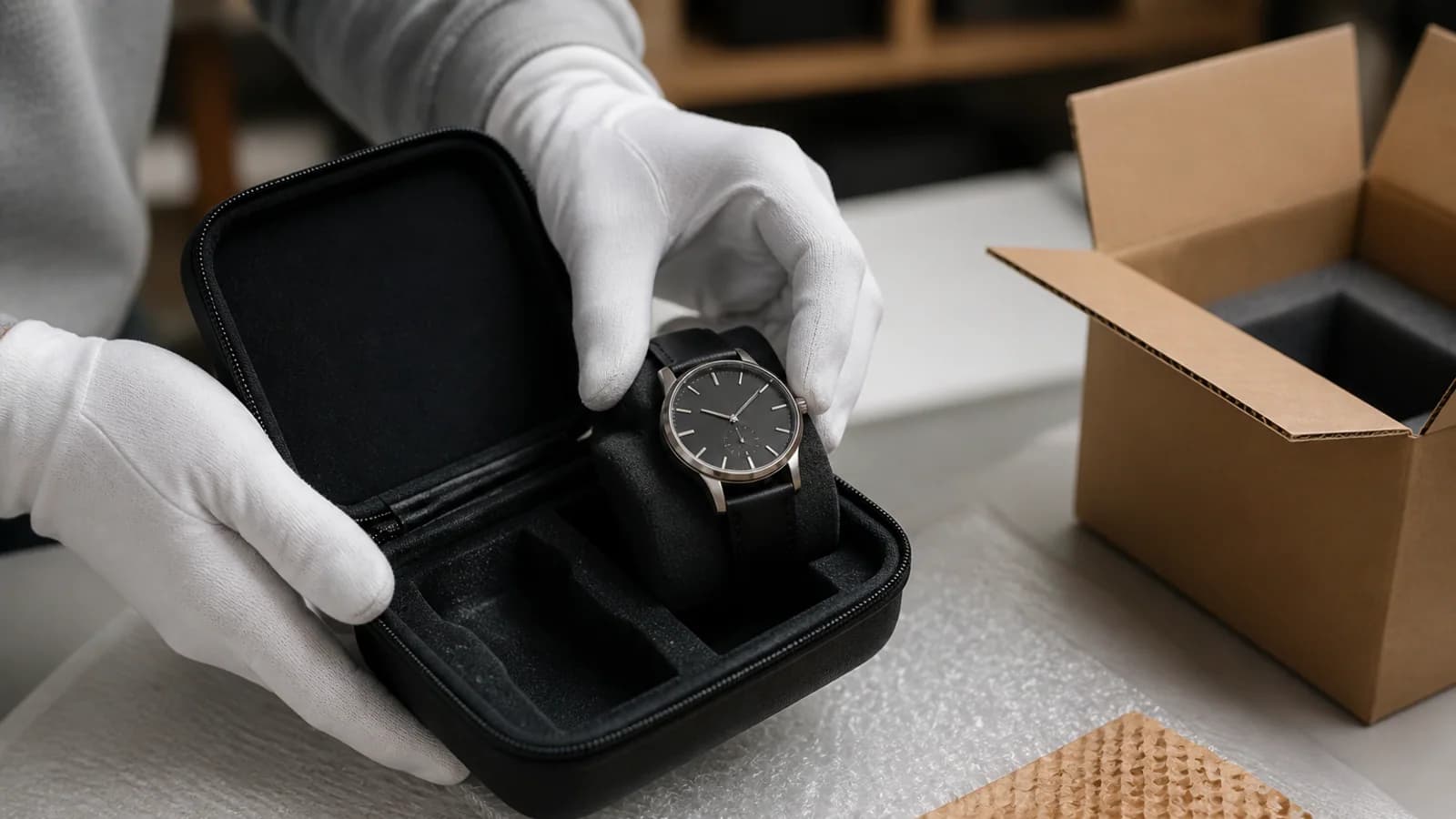 Verpackte Uhr mit Versandunterlagen auf einem Tisch
