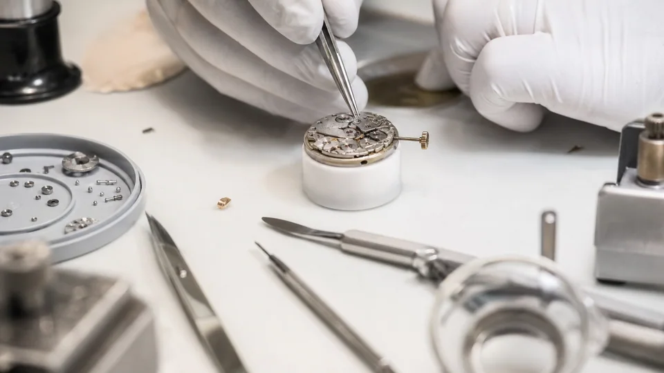 Markenneutrales Uhrwerk und Präzisionswerkzeug in einem dokumentarischen Werkstattprozess