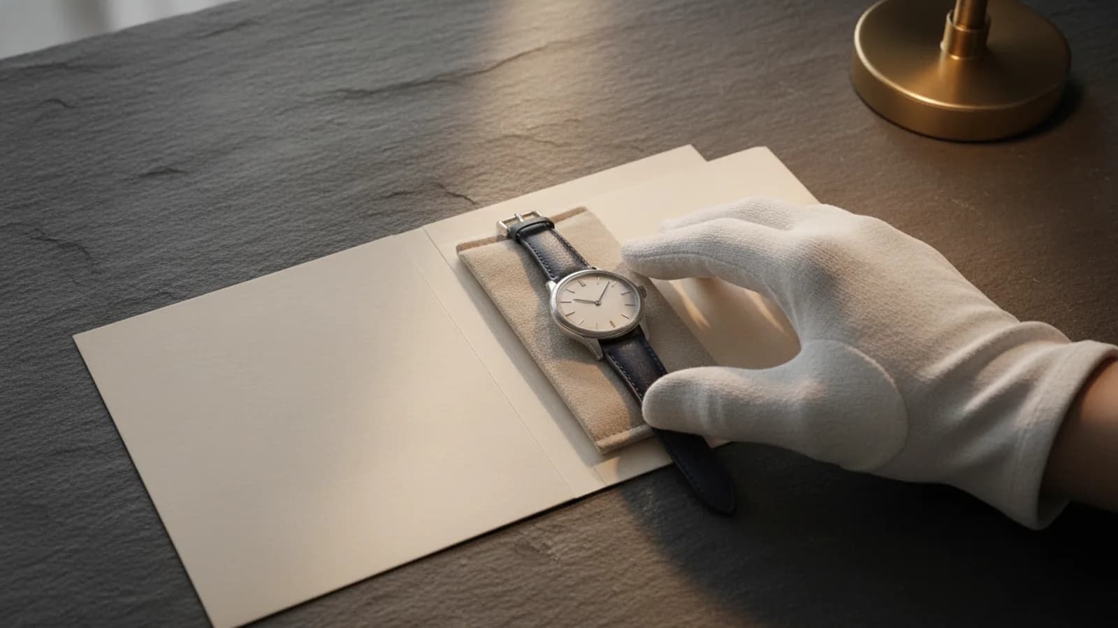 Unbeschriftete Mappe mit Baumwollhandschuh und markenneutraler Uhr
