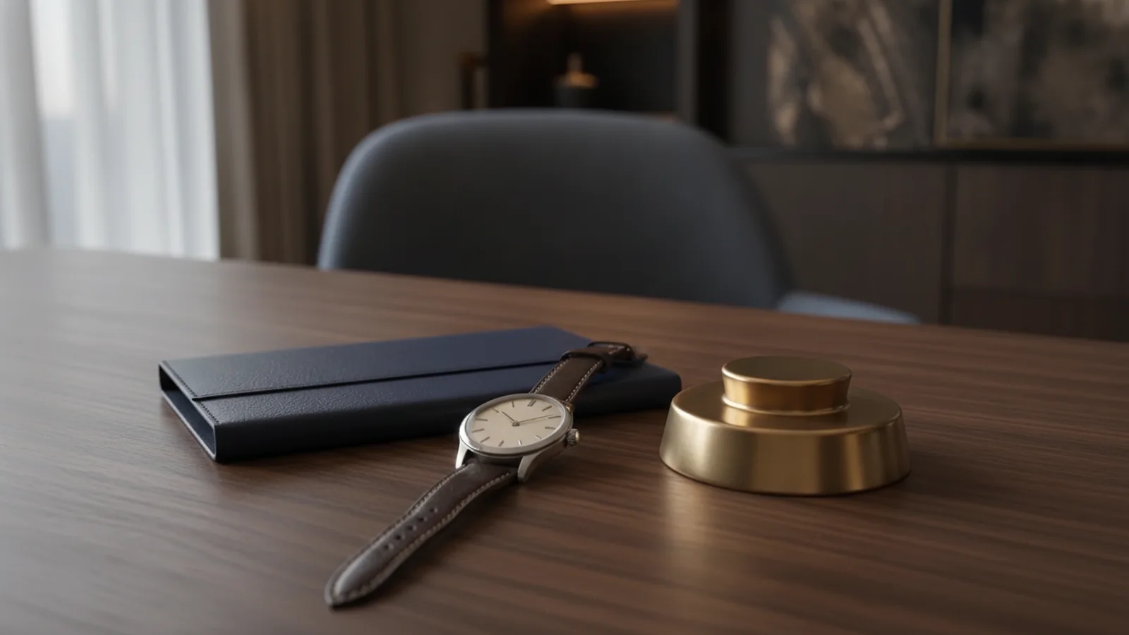 Markenneutrale Uhr neben einem geschlossenen Unterlagenordner