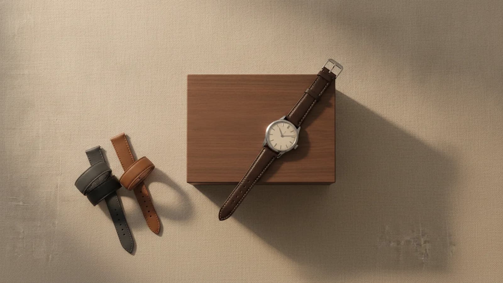 Neutrale Lederbänder, eine Holzbox und eine markenneutrale Uhr