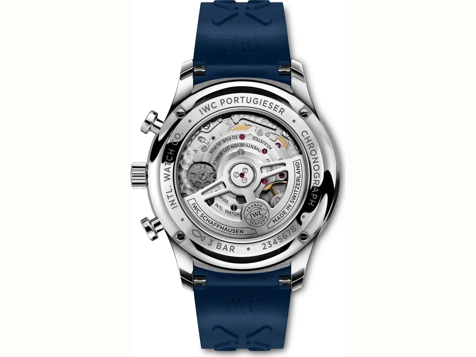 Rückseite der IWC Portugieser Chronograph IW371620 mit sichtbarem Automatikkaliber 69355, Pressefoto