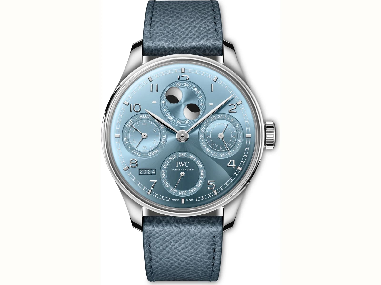 IWC Portugieser Perpetual Calendar 44 IW503703 mit hellblauem Blatt und vier Kalenderanzeigen, Pressefoto