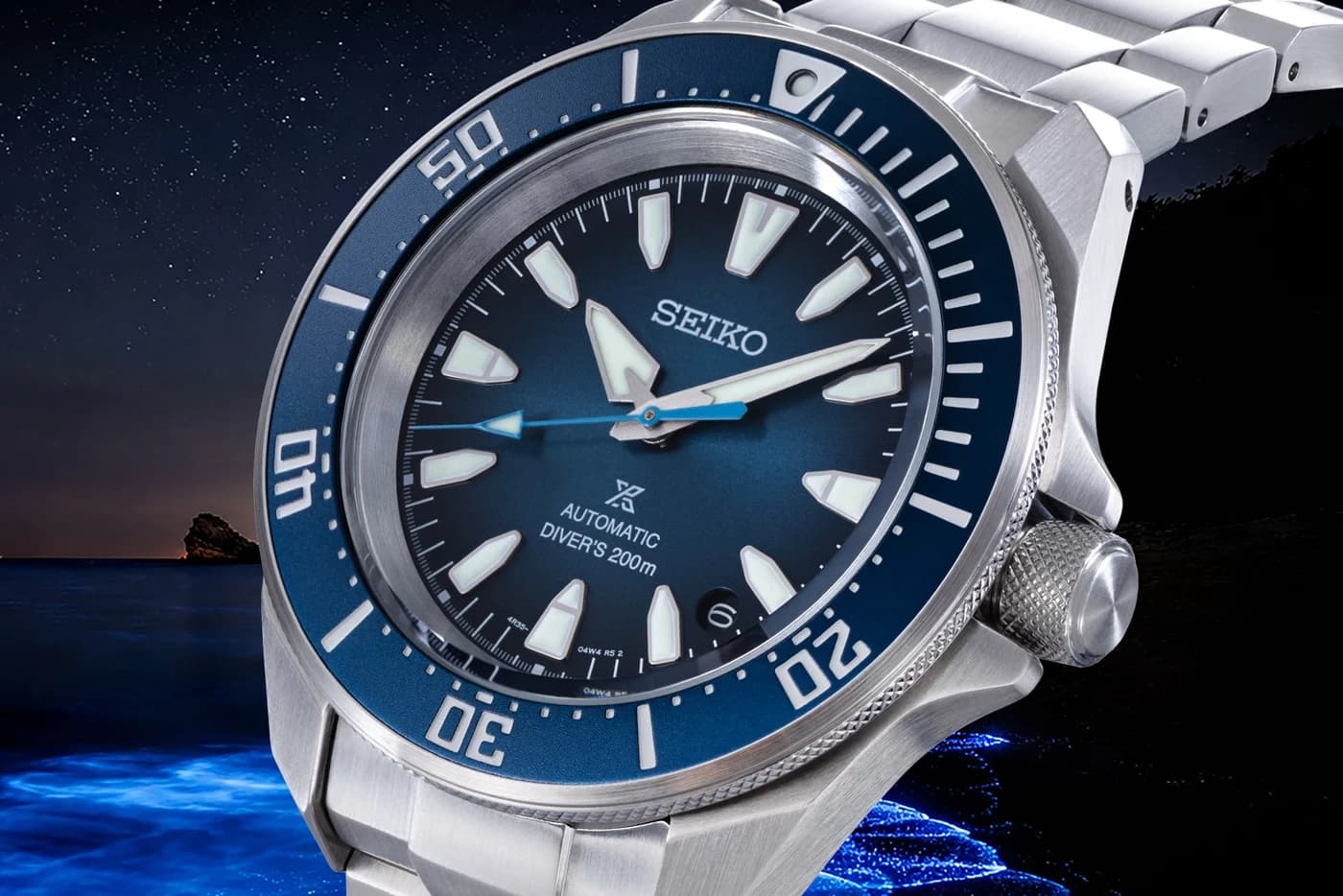 Seiko Prospex Blue Tears HBB006 mit dunkelblauem Blatt, hellblauem Sekundenzeiger und Edelstahlband