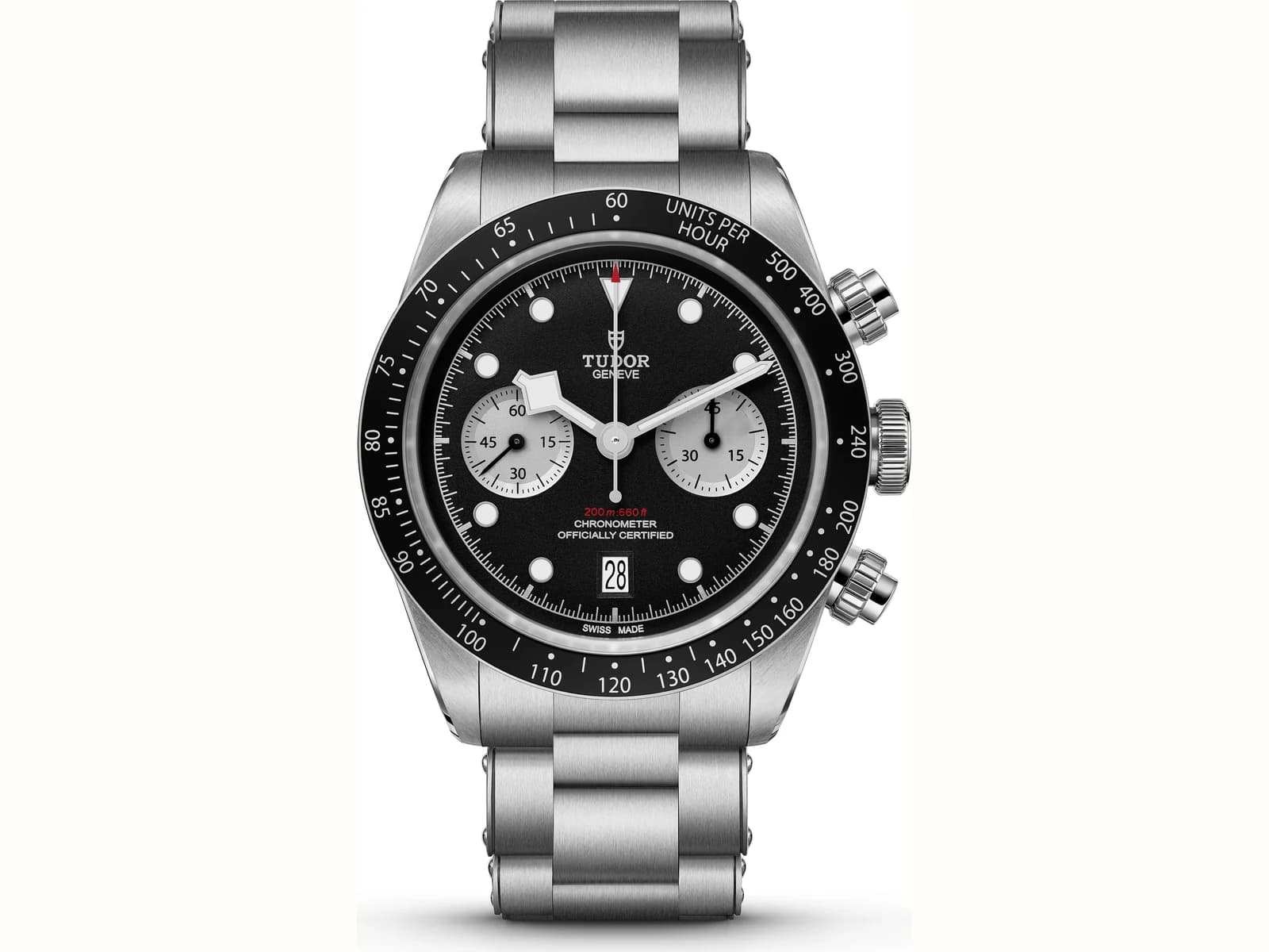 TUDOR Black Bay Chrono mit schwarzem Zifferblatt, zwei hellen Totalisatoren und Stahlband, Pressefoto