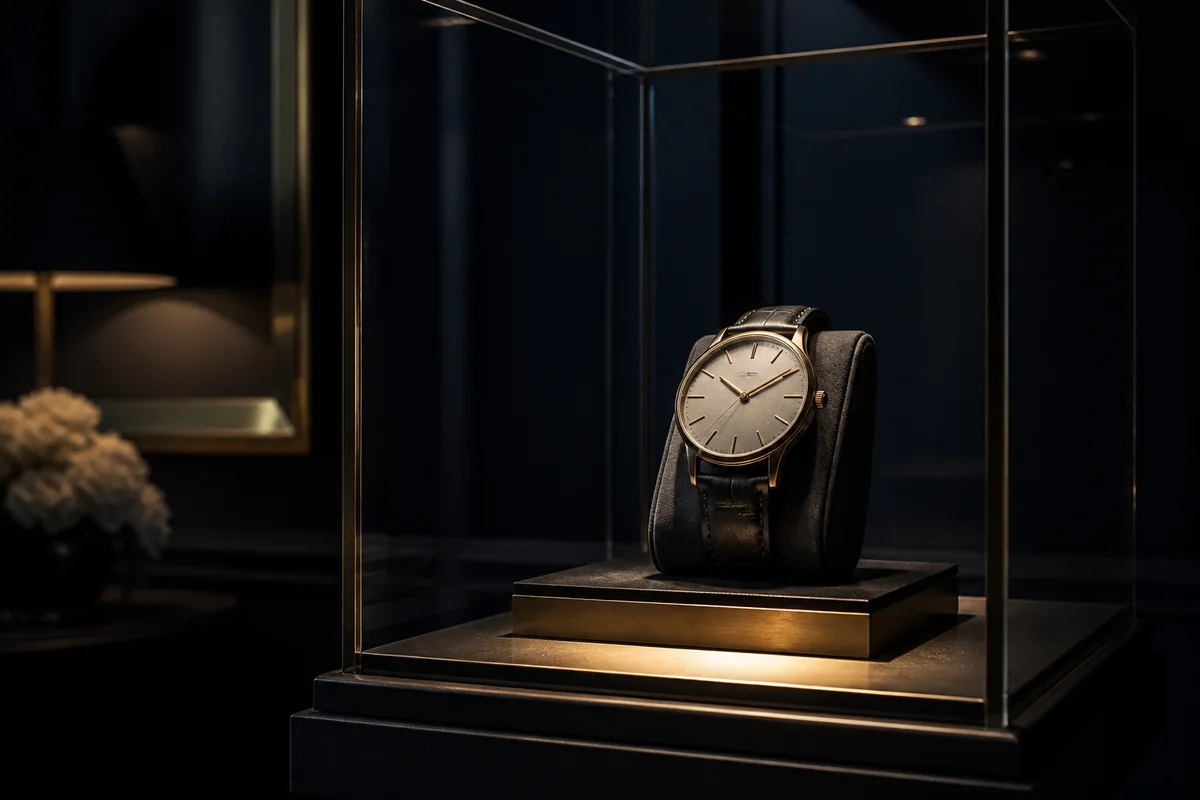 Kuratierte markenneutrale Uhr wird in einem ruhigen Ausstellungsraum enthüllt