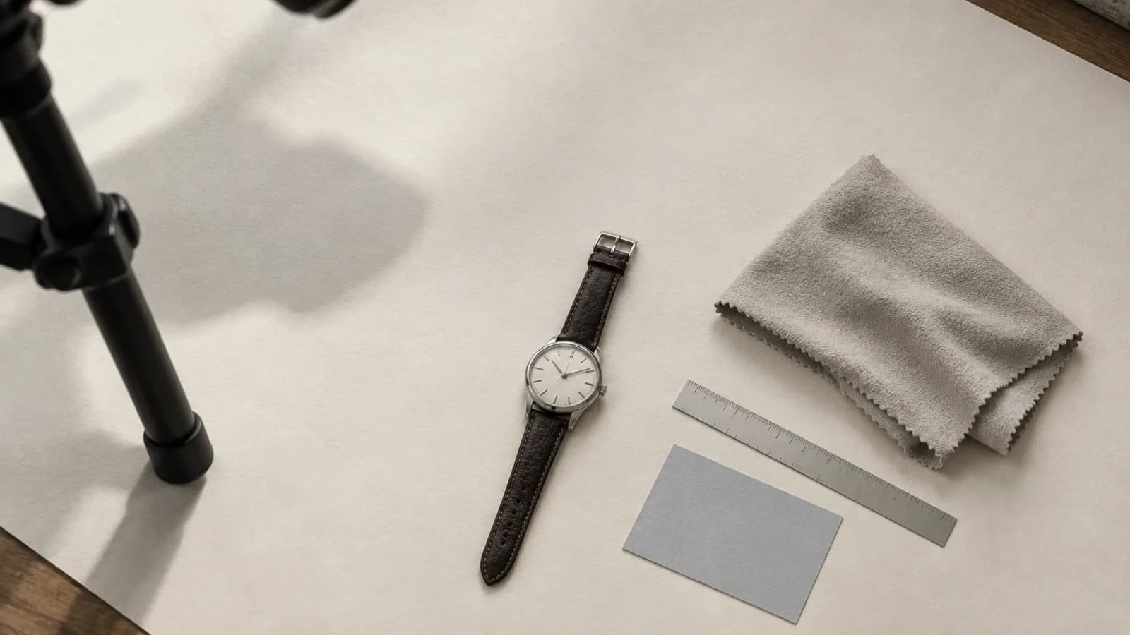 Weite Aufsicht auf cremeweißes Uhrmacherpapier mit einer kleinen, markenlosen Armbanduhr, daneben Mikrofasertuch, Lineal und Graukarte im hellen Werkstattlicht.