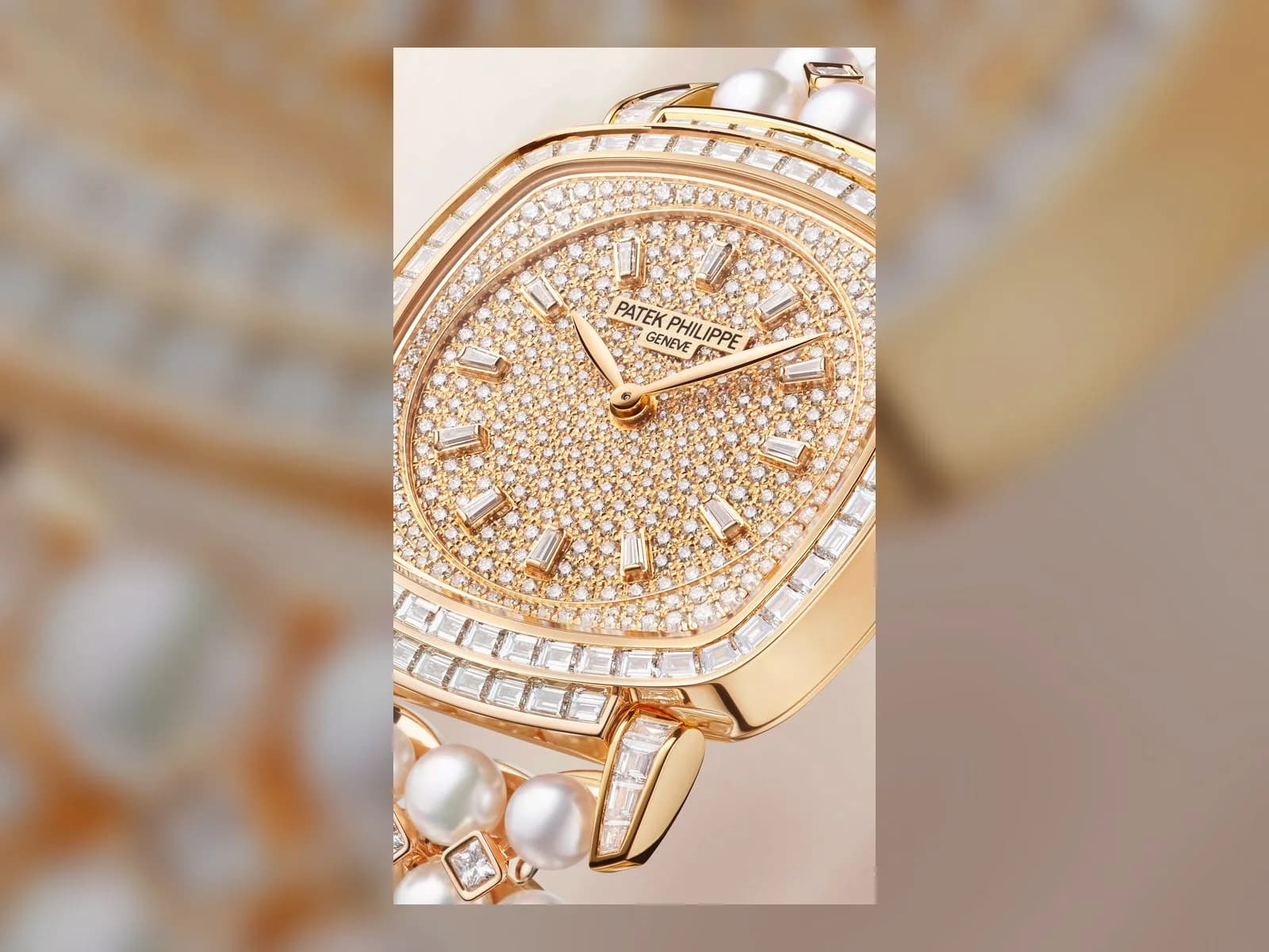 Zifferblatt der Gondolo mit Akoya-Perlen und Diamanten. Aufnahme: Patek Philippe.