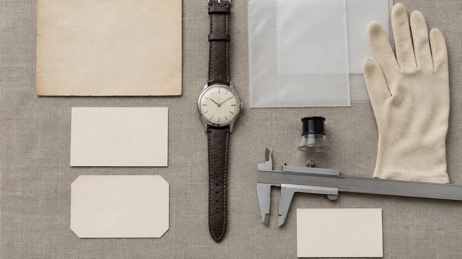 Markenneutrale klassische Uhr mit Messwerkzeug und leeren Karten zur sachlichen Referenzeinordnung