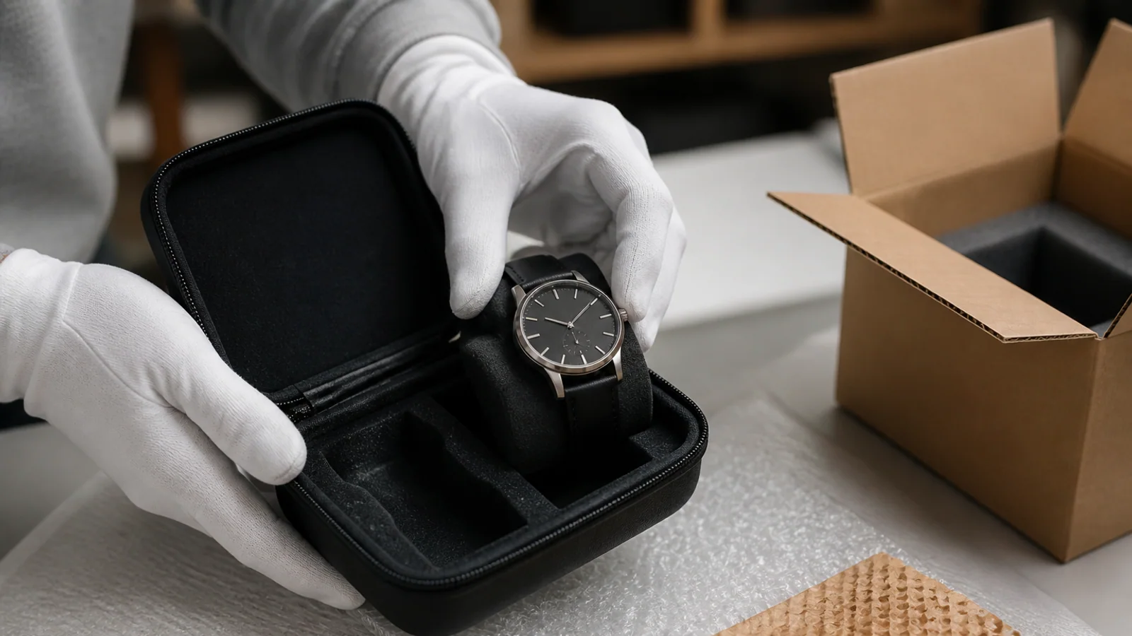 Behandschuhte Hände legen eine markenneutrale Uhr in ein schützendes Reiseetui