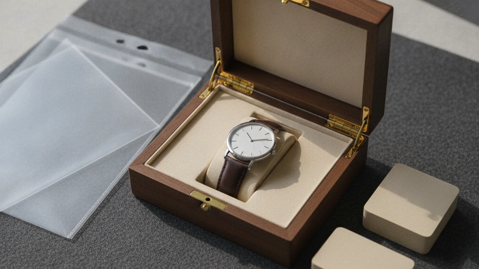 Markenneutrale Uhr im Schutzetui mit neutraler Verpackung für eine sichere Übergabe