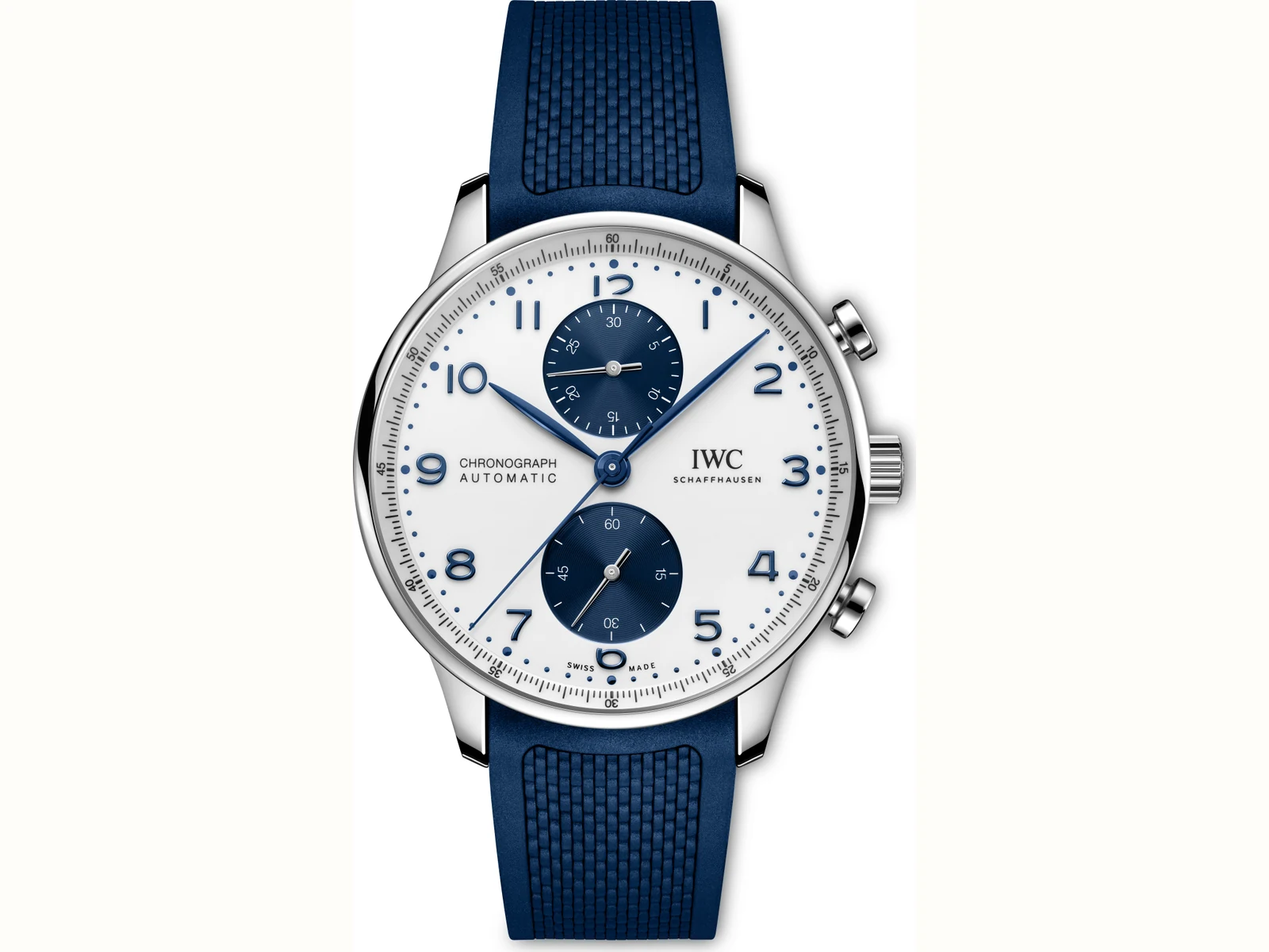 IWC Portugieser Chronograph IW371620 mit weißem Blatt, blauen Totalisatoren und blauem Kautschukband, Pressefoto